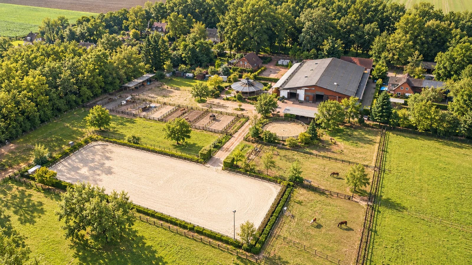 Luftbild der Reitanlage mit Reithalle, Außenplatz, Longierzirkel und Führanlage